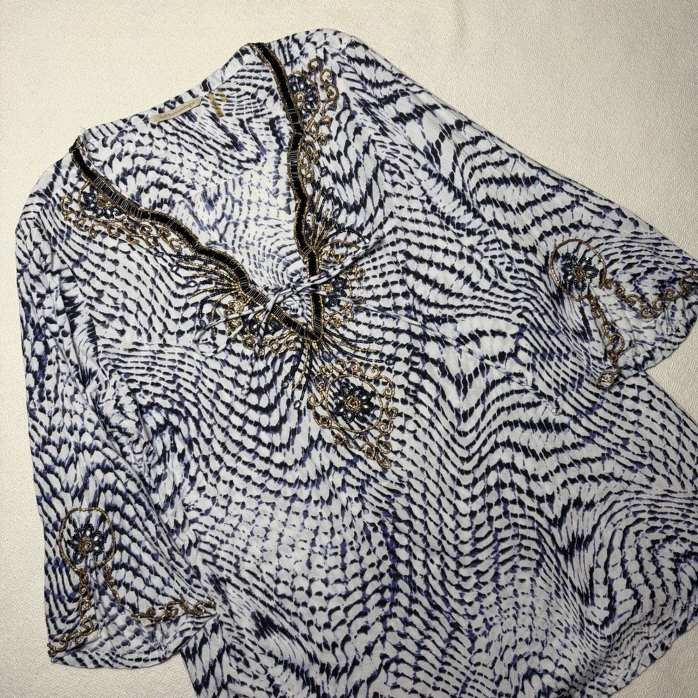 Soft Surroundings Beaded Tunic Top Blue White Abstract Print Rayon Size L 25537